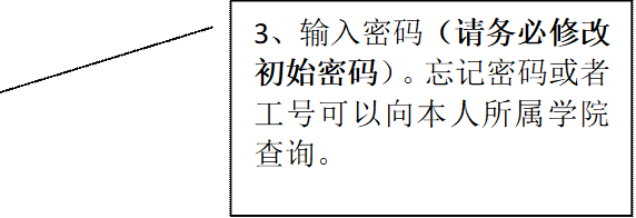 3、输入密码（请务必修改初始密码）。忘记密码或者工号可以向本人所属学院查询。